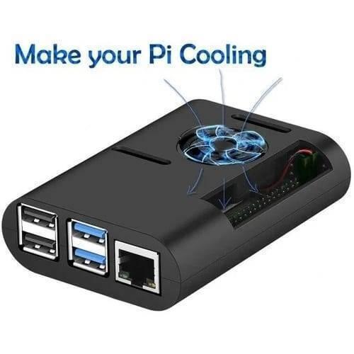 Raspberry Pi 4b ABS Case Black Enclosure Box With Cooling Fan And Heat Sink - a black plastic case with a built-in fan, USB ports, and an Ethernet port.