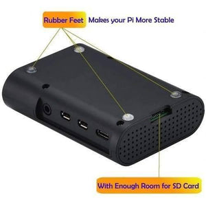 Raspberry Pi 4b ABS Case Black Enclosure Box With Cooling Fan And Heat Sink - shown from the bottom, highlighting four rubber feet and an opening for an SD card.