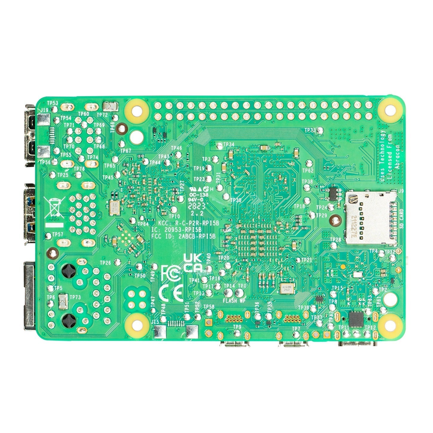 Raspberry Pi 5 16GB | High-Performance SBC | Digilog.pk - a green rectangular circuit board showing the underside with various test points, a microSD card slot, and edge connectors.