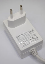 Raspberry Pi 5 27W USB-C PD Power Supply 5.1V 5A Adapter Pakistan - a white AC/DC adapter with a two-pin EU plug and an attached white power cable.