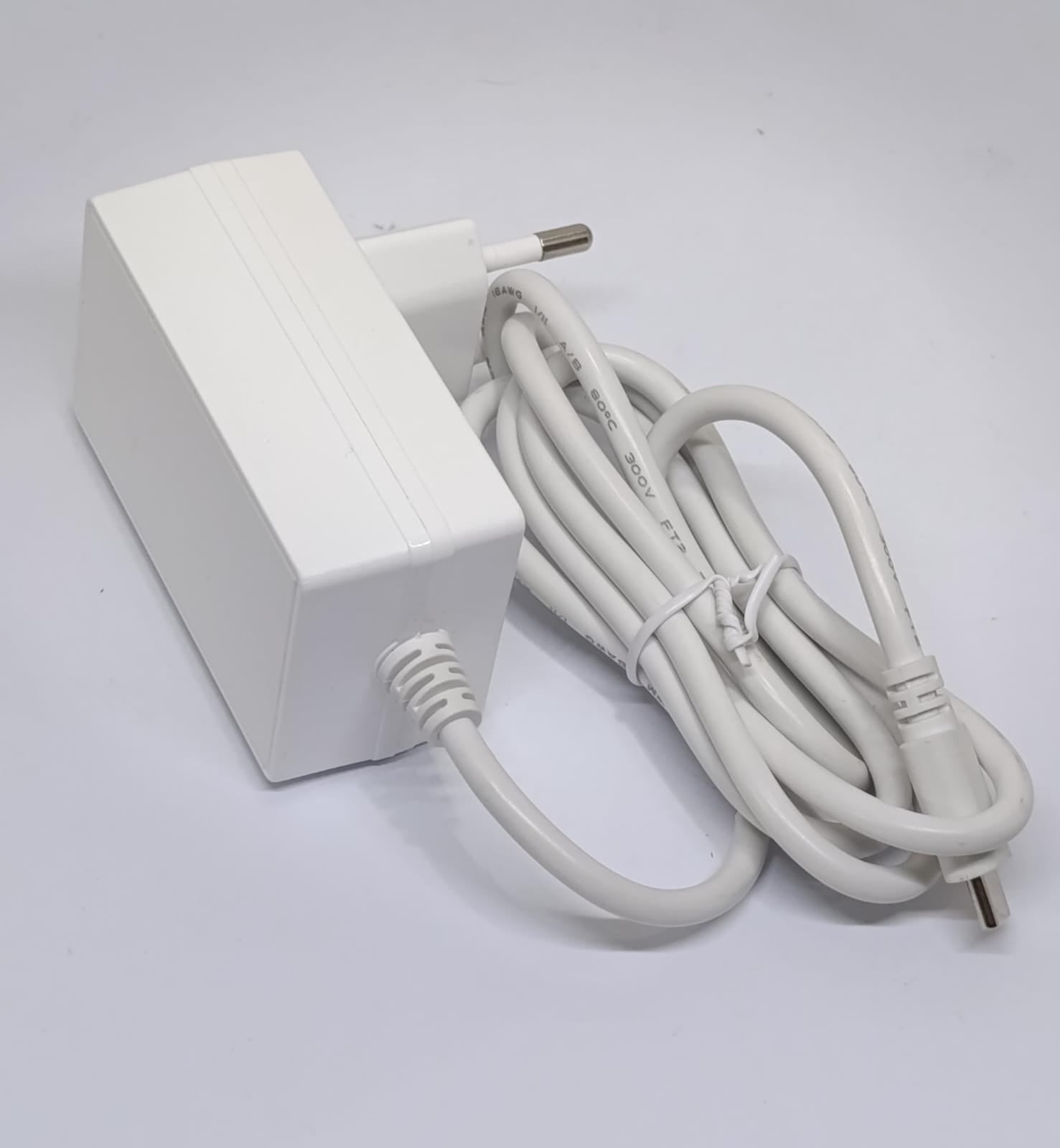Raspberry Pi 5 27W USB-C PD Power Supply 5.1V 5A Adapter Pakistan - a white power adapter with a two-pin wall plug and a long white cable ending in a USB-C connector.