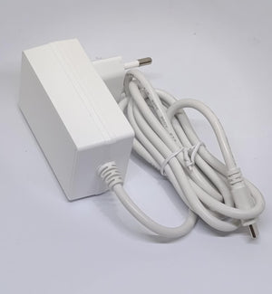 Raspberry Pi 5 27W USB-C PD Power Supply 5.1V 5A Adapter Pakistan - a white power adapter with a two-pin wall plug and a long white cable ending in a USB-C connector.