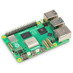 Raspberry Pi 5 4GB - at an angle, showing the 40-pin GPIO header, four USB ports, Ethernet jack, twin micro-HDMI outputs, USB-C input and PCIe connector.