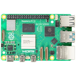 Raspberry Pi 5 4GB - green circuit board featuring a GPIO header, USB ports, HDMI connectors, Ethernet port, and various integrated microchips.