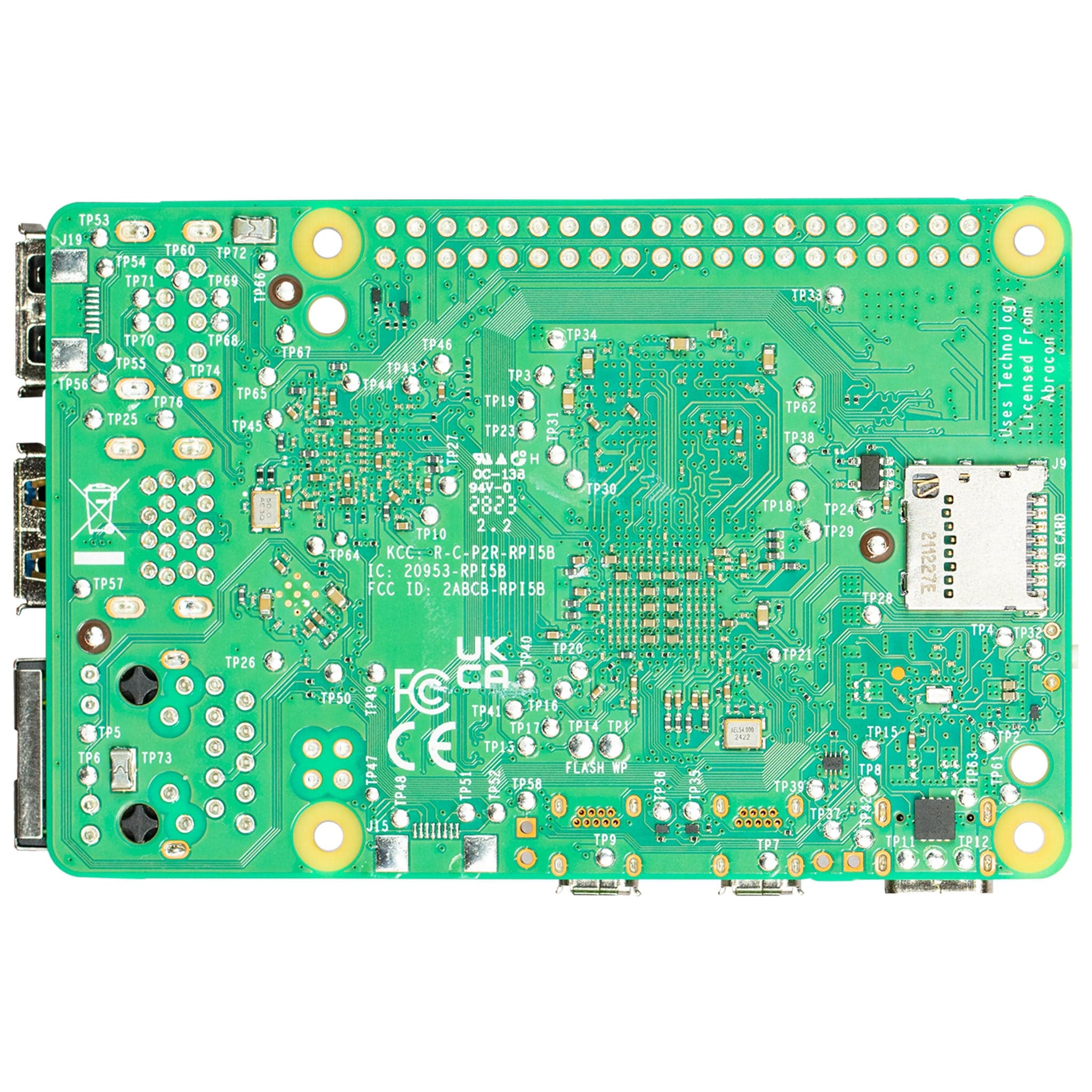 Raspberry Pi 5 4GB - a green rectangular circuit board shown from the underside, featuring a microSD card slot, various test points, and ports.