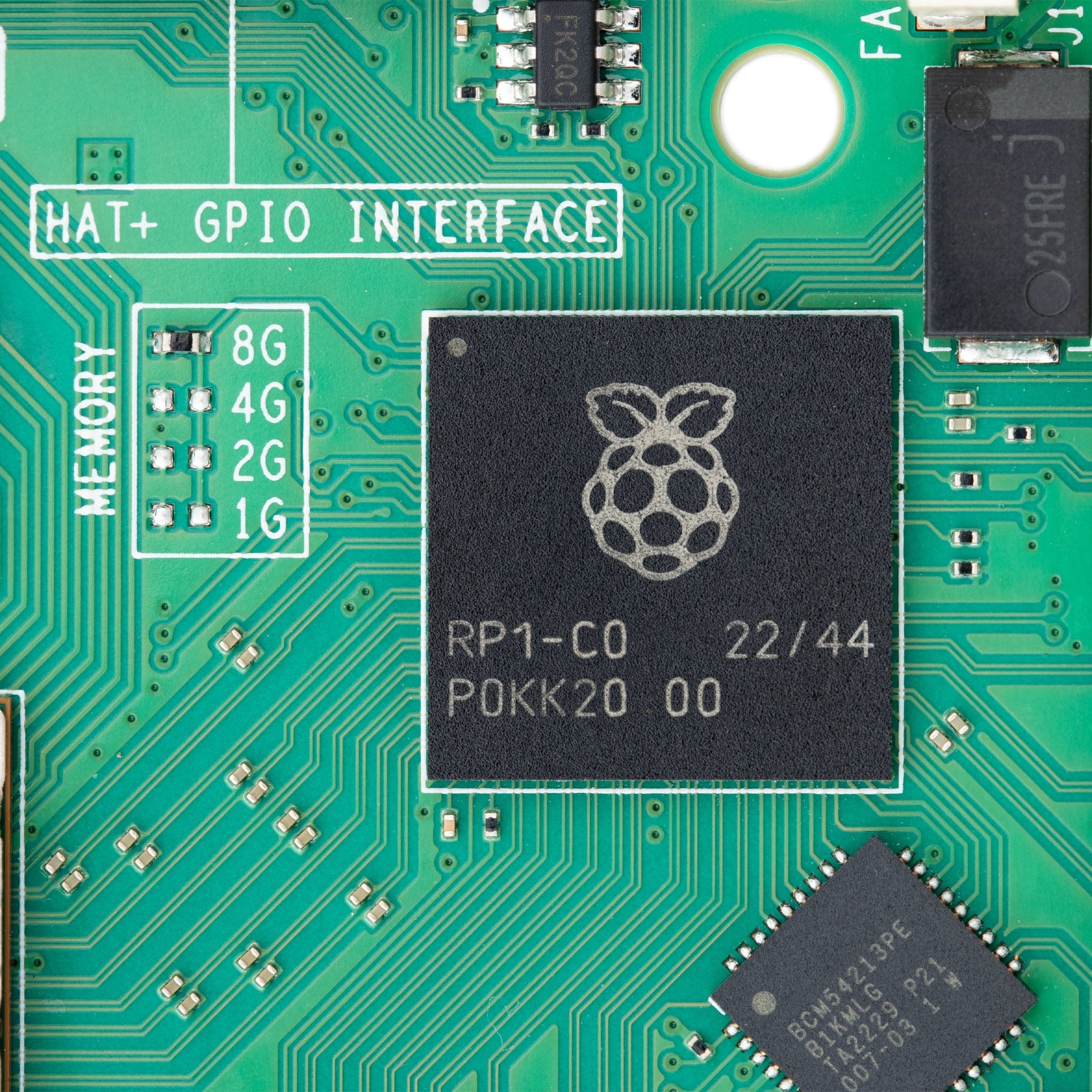 Raspberry Pi 5 4GB - the green circuit board, the RP1-C0 chip with the Raspberry Pi logo, and the BCM54213PE chip.
