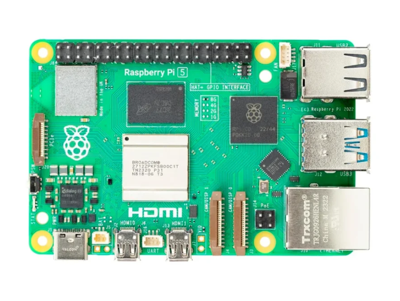 Raspberry Pi 5 8GB RAM - the HAT+ GPIO header, memory-size markings, four USB ports, Ethernet jack and twin micro-HDMI outputs.