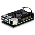 Raspberry Pi 5 Aluminum Heatsink Case with Dual Fan - Digilog.pk - a black metal case with two cooling fans, Ethernet, and USB ports on a green circuit board.