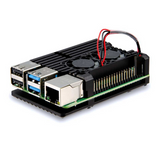Raspberry Pi 5 Aluminum Heatsink Case with Dual Fan - Digilog.pk - a black metal case with two cooling fans, Ethernet, and USB ports on a green circuit board.