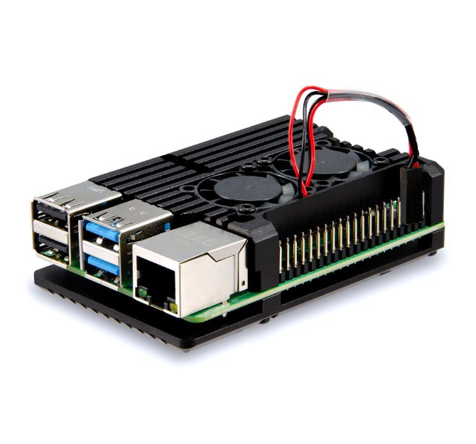 Raspberry Pi 5 Aluminum Heatsink Case with Dual Fan - Digilog.pk - a black metal case with two cooling fans, Ethernet, and USB ports on a green circuit board.