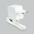 Raspberry Pi 5: Official 27W 5.1V 5A USB-C Power Supply - a white plug-in adapter with a two-pin European plug and coiled captive white cable.