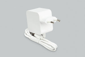 Raspberry Pi 5: Official 27W 5.1V 5A USB-C Power Supply - a white plug-in adapter with a two-pin European plug and coiled captive white cable.