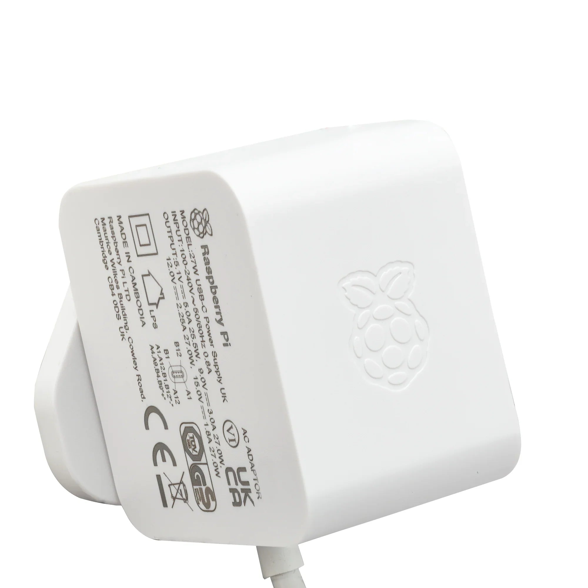 Raspberry Pi 5: Official 27W 5.1V 5A USB-C Power Supply - a white, square-shaped wall adapter showing printed technical specifications and the Raspberry Pi logo.