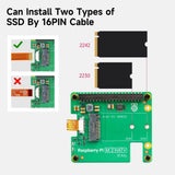 Raspberry Pi 5 Official M.2 HAT+ (M Key) – NVMe & PCIe Expansion Board - an installation diagram for 2230 and 2242 SSDs with a 16-pin cable connection guide and the green circuit board.