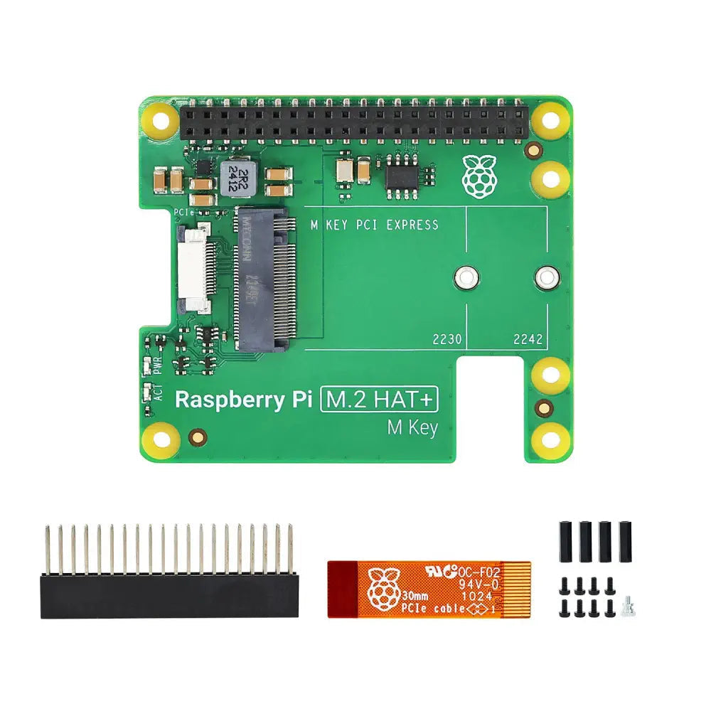 Raspberry Pi 5 Official M.2 HAT+ (M Key) – NVMe & PCIe Expansion Board - a green circuit board with an M.2 slot, a PCIe cable, a header connector, and mounting hardware.