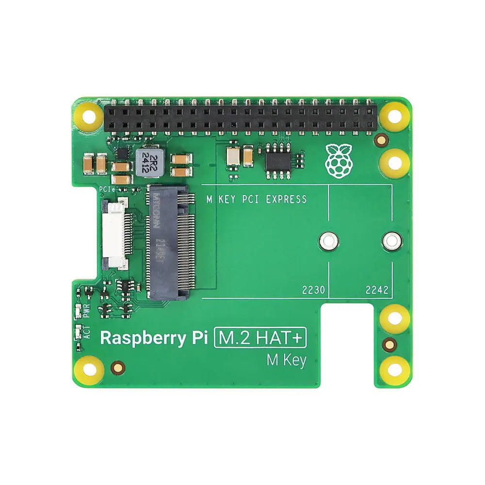 Raspberry Pi 5 Official M.2 HAT+ (M Key) – NVMe & PCIe Expansion Board - a green rectangular expansion board featuring an M.2 M Key connector, PCIe port, and mounting holes.