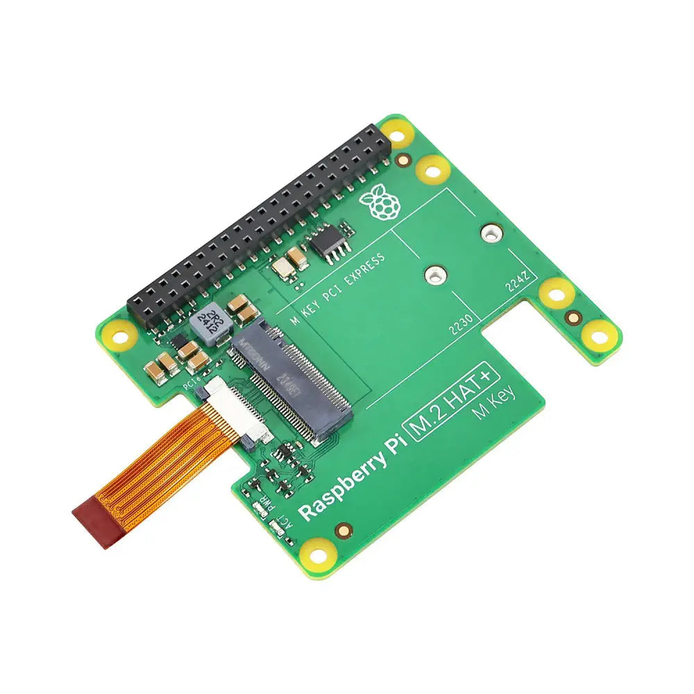 Raspberry Pi 5 Official M.2 HAT+ (M Key) – NVMe & PCIe Expansion Board - the green circuit board with an M.2 slot, a ribbon cable, a 40-pin header, and mounting holes for SSDs.