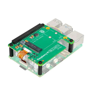 Raspberry Pi 5 Official M.2 HAT+ (M Key) – NVMe & PCIe Expansion Board - with a black M.2 connector, a ribbon cable, and four black plastic standoffs.