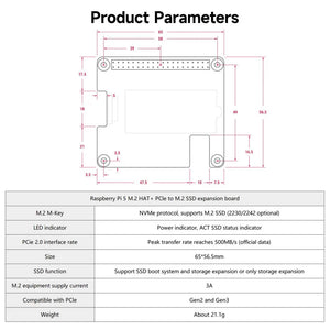 Raspberry Pi 5 Official M.2 HAT+ (M Key) – NVMe & PCIe Expansion Board - a top-down technical dimension diagram with measurements and a table listing product parameters.