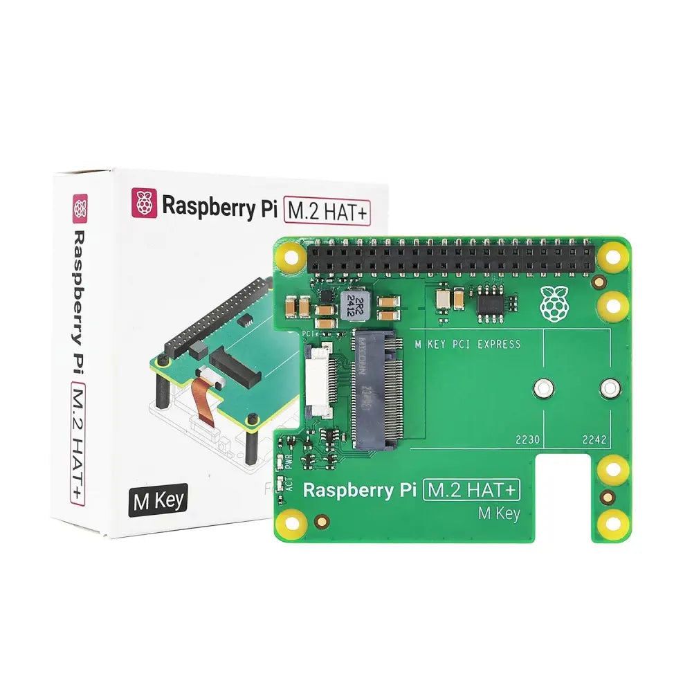 Raspberry Pi 5 Official M.2 HAT+ (M Key) – NVMe & PCIe Expansion Board - the green circuit board with an M.2 connector and its white product packaging box.