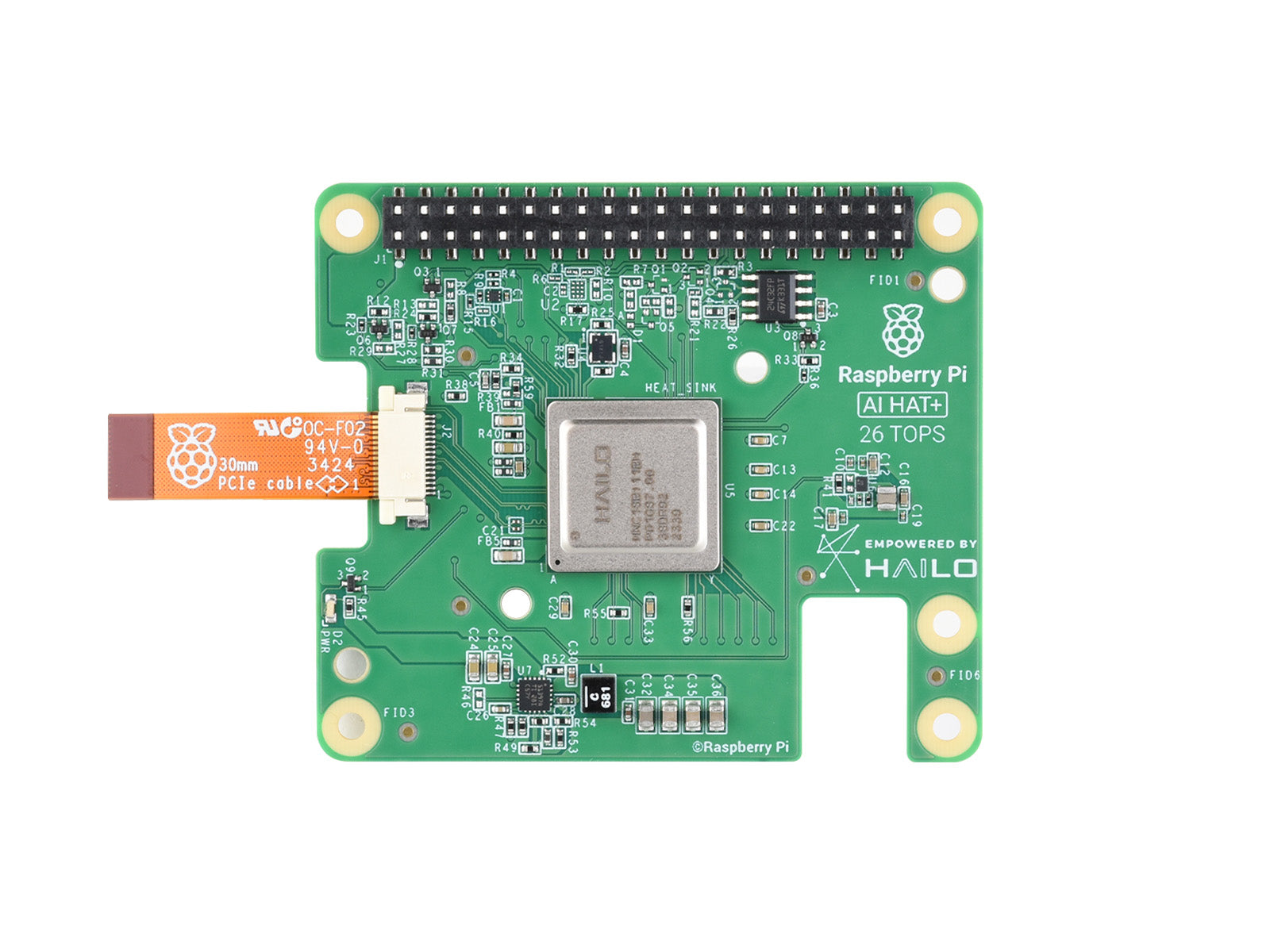 Raspberry Pi AI HAT+ (26 TOPS) with Hailo-8 Accelerator - a green circuit board with a central Hailo processor, a 40-pin header, and an attached flexible PCIe ribbon cable.