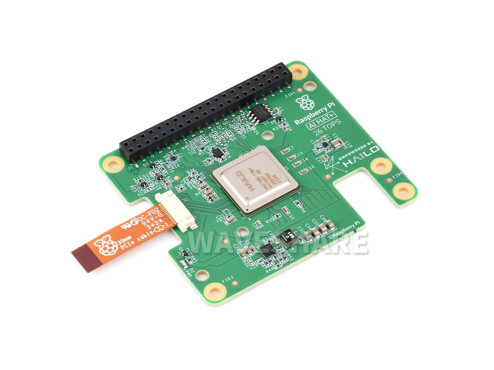 Raspberry Pi AI HAT+ (26 TOPS) with Hailo-8 Accelerator - shown as a green circuit board with a black GPIO header, a Hailo processor, and an attached orange PCIe ribbon cable.