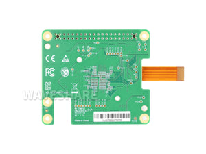 Raspberry Pi AI HAT+ (26 TOPS) with Hailo-8 Accelerator - the green circuit board underside with test points and a flat flexible ribbon cable.