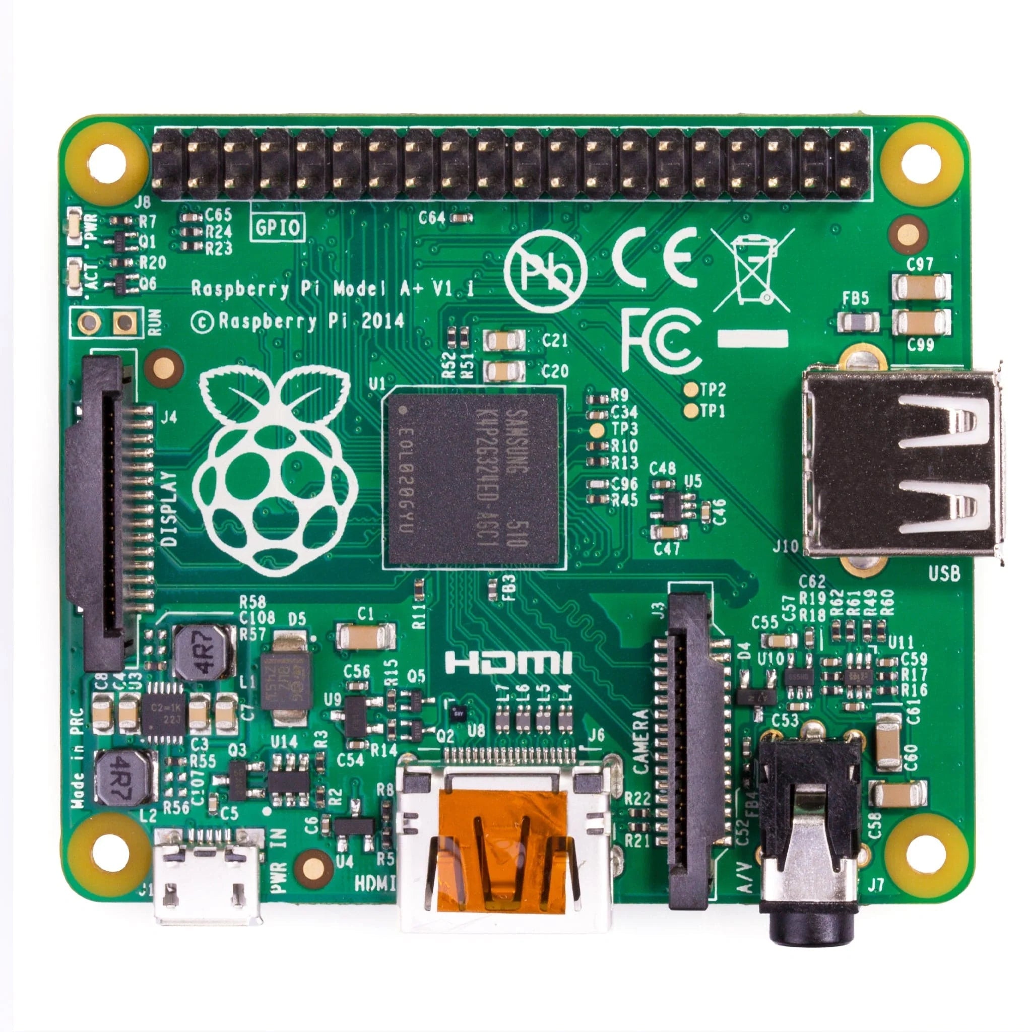 Raspberry Pi Model A+ V1.1 – Compact Single Board Computer with GPIO, HDMI, USB-digilog.pk - a green circuit board featuring a GPIO header, HDMI port, USB port, camera connector, display port, and micro-USB power input.