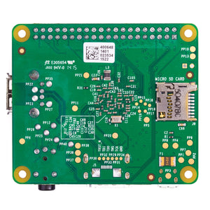 Raspberry Pi Model A+ V1.1 – Compact Single Board Computer with GPIO, HDMI, USB-digilog.pk - bottom view of the green circuit board showing the micro SD card slot, various test points, and electronic components.