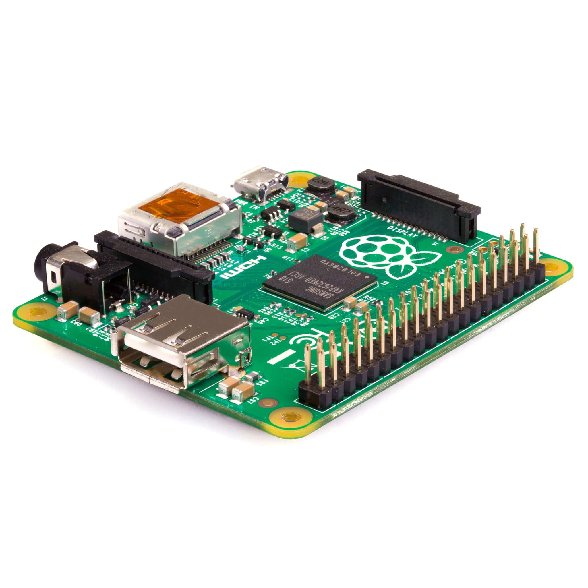 Raspberry Pi Model A+ V1.1 – Compact Single Board Computer with GPIO, HDMI, USB-digilog.pk - a green circuit board featuring a GPIO header, an HDMI port, a USB port, a display connector, and an audio jack.