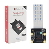 Raspberry Pi Noir 8MP Night Vision Camera Module V2 - shown with its white retail box and the black camera module with a flat ribbon cable attached.