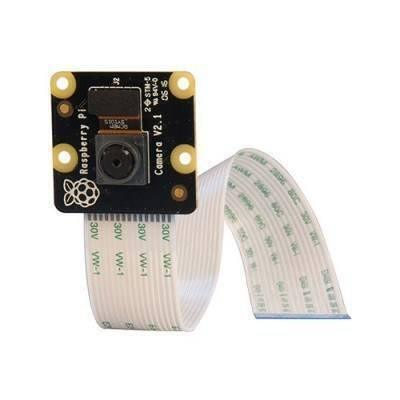 Raspberry Pi Noir 8MP Night Vision Camera Module V2 - a square black camera board with a lens and a long, flexible white ribbon cable attached.