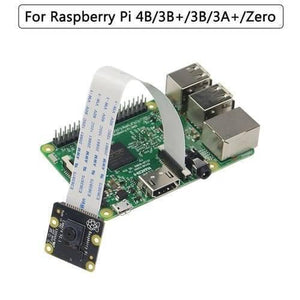 Raspberry Pi Noir 8MP Night Vision Camera Module V2 - connected via a flat ribbon cable to a green Raspberry Pi circuit board with USB and HDMI ports.