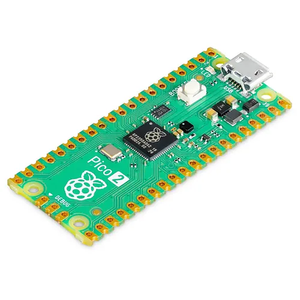 Raspberry Pi Pico 2 RP2350 microcontroller board at an angle, showing the RP2350 chip, BOOTSEL button and micro-USB port.