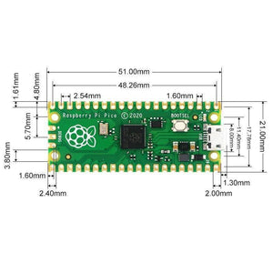 Raspberry Pi Pico RP2040 Cheap Price - a green circuit board with a micro-USB port, a BOOTSEL button, and dimension lines indicating its physical measurements.