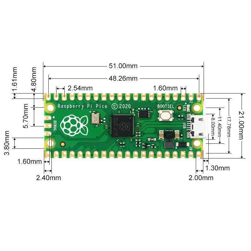 Raspberry Pi Pico RP2040 Cheap Price - a green circuit board with a micro-USB port, a BOOTSEL button, and dimension lines indicating its physical measurements.