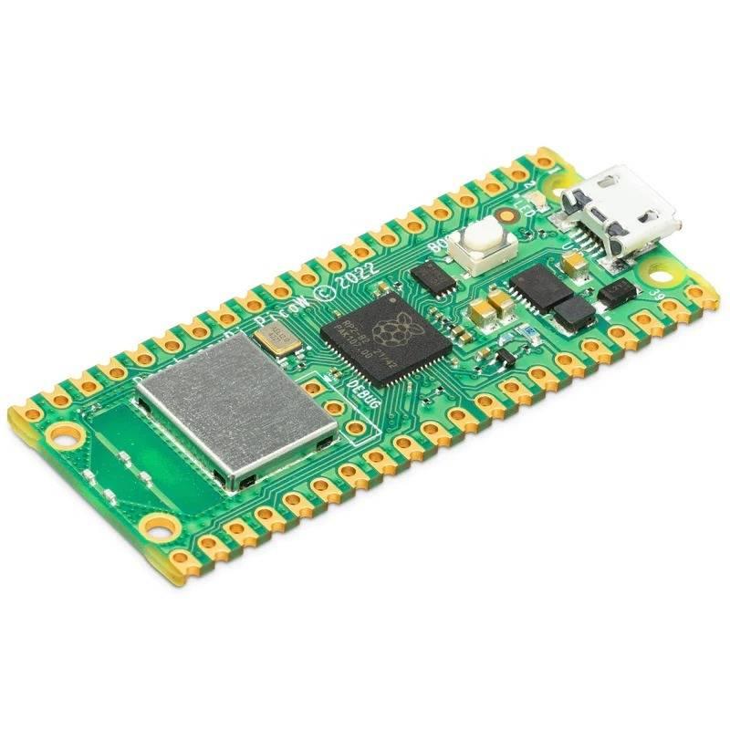 Raspberry Pi Pico w - a green rectangular microcontroller board with a micro-USB port, a push button, and a metal-shielded wireless module.