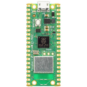 Raspberry Pi Pico w - a green rectangular microcontroller board featuring a micro-USB port, a BOOTSEL button, an LED, and a large metal wireless module.