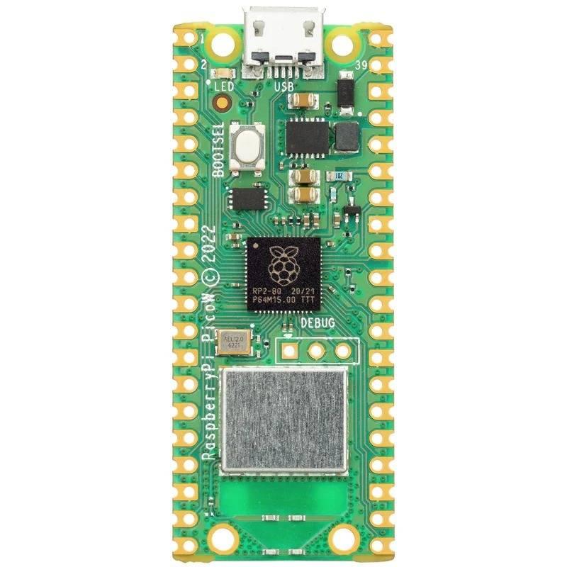Raspberry Pi Pico w - a green rectangular microcontroller board featuring a micro-USB port, a BOOTSEL button, an LED, and a large metal wireless module.