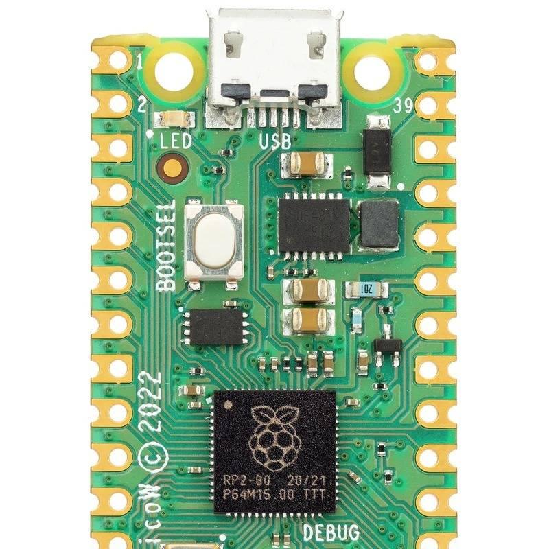 Raspberry Pi Pico w - a green rectangular microcontroller board featuring a micro-USB port, a BOOTSEL button, and a central RP2-B0 processor chip.