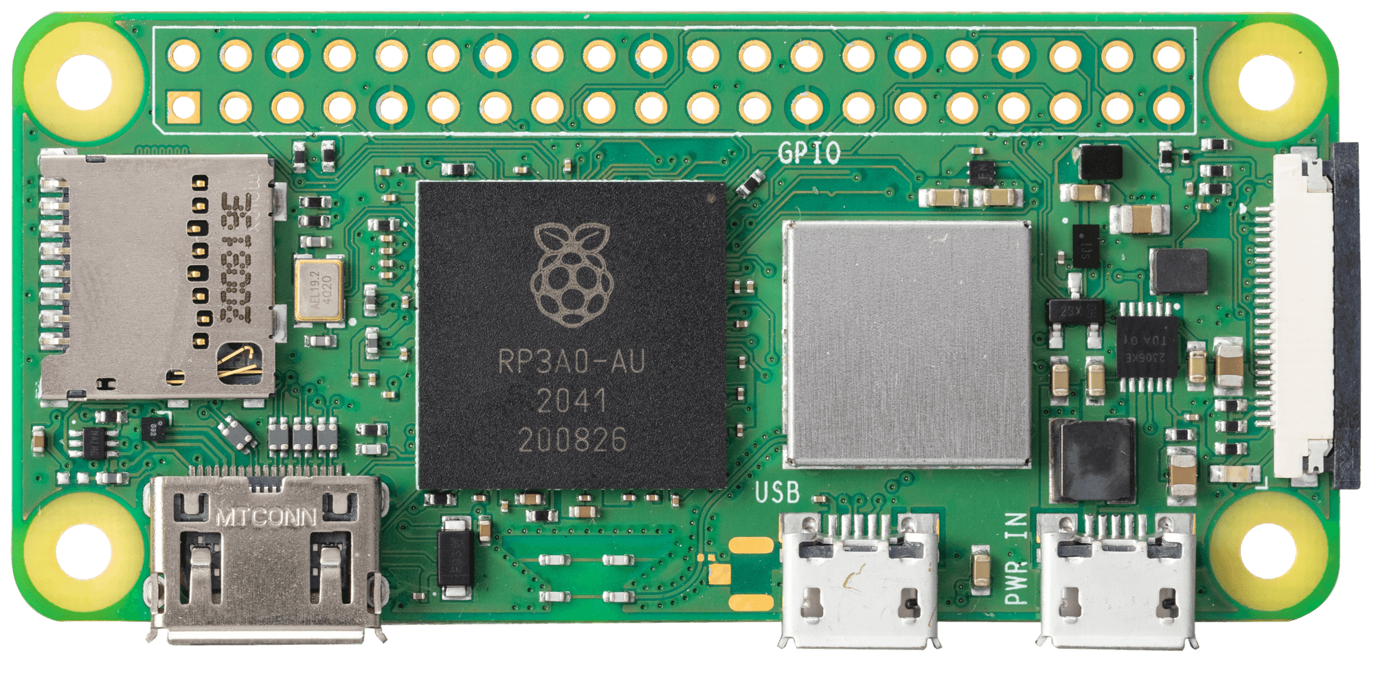 Raspberry Pi Zero 2 W - a green rectangular circuit board featuring a central processor, a microSD card slot, a GPIO header, and three micro-USB ports.