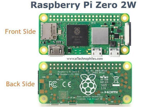 Raspberry Pi Zero 2 W - shown from the front and back, displaying its green circuit board, micro SD slot, processor, and micro USB and HDMI ports.