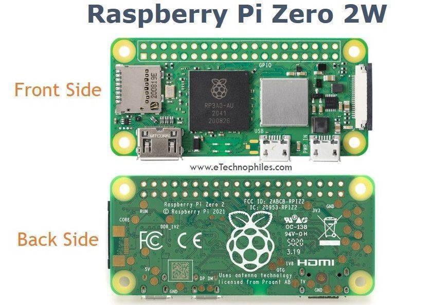 Raspberry Pi Zero 2 W - shown from the front and back, displaying its green circuit board, micro SD slot, processor, and micro USB and HDMI ports.