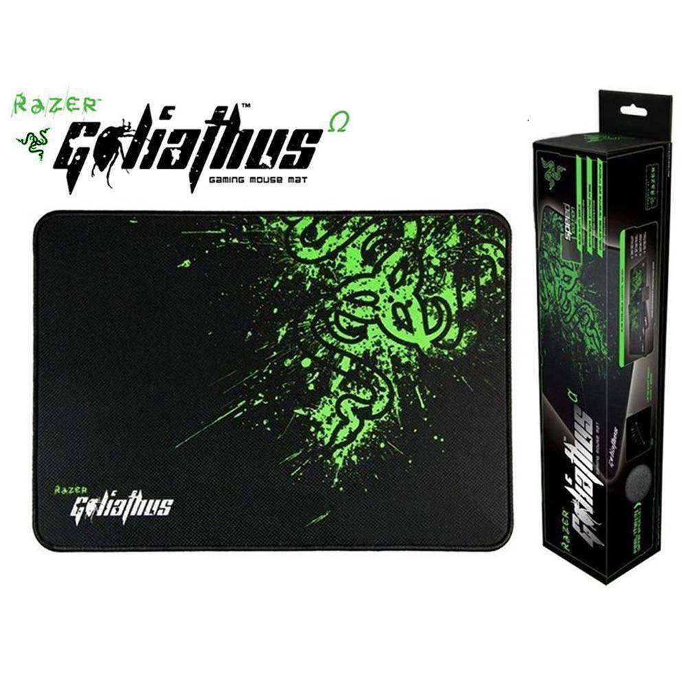 Razer Goliathus Gaming Mouse Mat Pad-large 1 Feet 1-5 Inches - shown as a rectangular black mat with green graphics alongside its vertical retail packaging box.