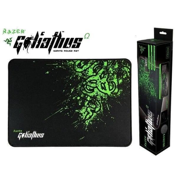 Razer Goliathus Gaming Mouse Pad Mice Mat Gamepad Mousepad For PC Computer Laptop Desktop - shown with its black and green graphic design alongside its tall, rectangular retail packaging box.