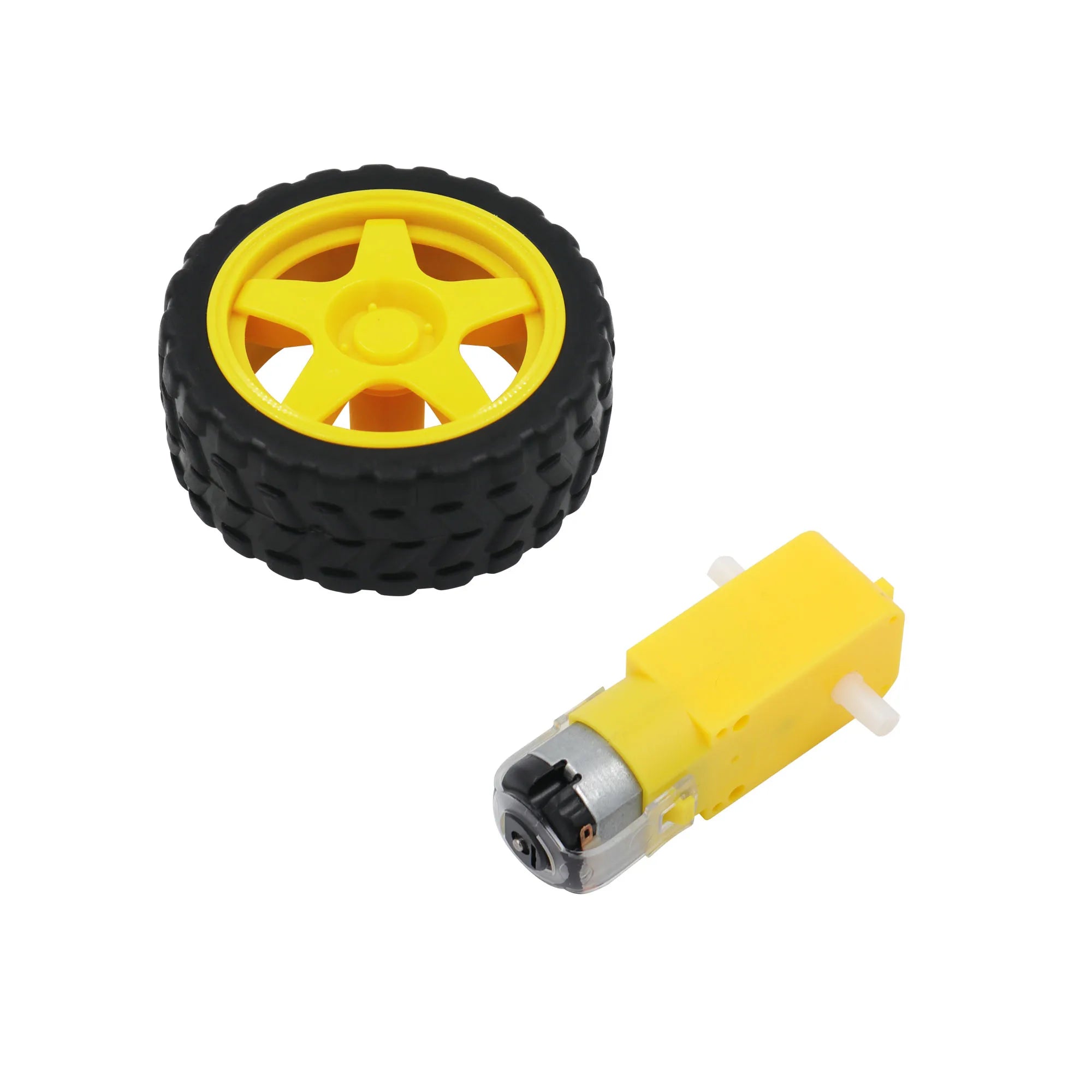 Rc Car Tt Gear Motor DC 3V-6V Robot Smart Robot Car Tyre Wheel Gear Motor Set DC 3-6V - a yellow plastic wheel and a matching yellow DC gear motor.