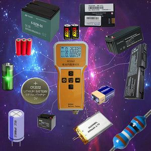 RC3563 Battery Internal Resistance Tester - a yellow handheld device with a digital screen displaying 0.2633mΩ and 0.0005V, surrounded by various batteries.
