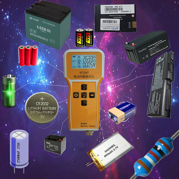 RC3563 Battery Internal Resistance Tester - a yellow handheld device with a digital screen displaying 0.2633mΩ and 0.0005V, surrounded by various batteries.