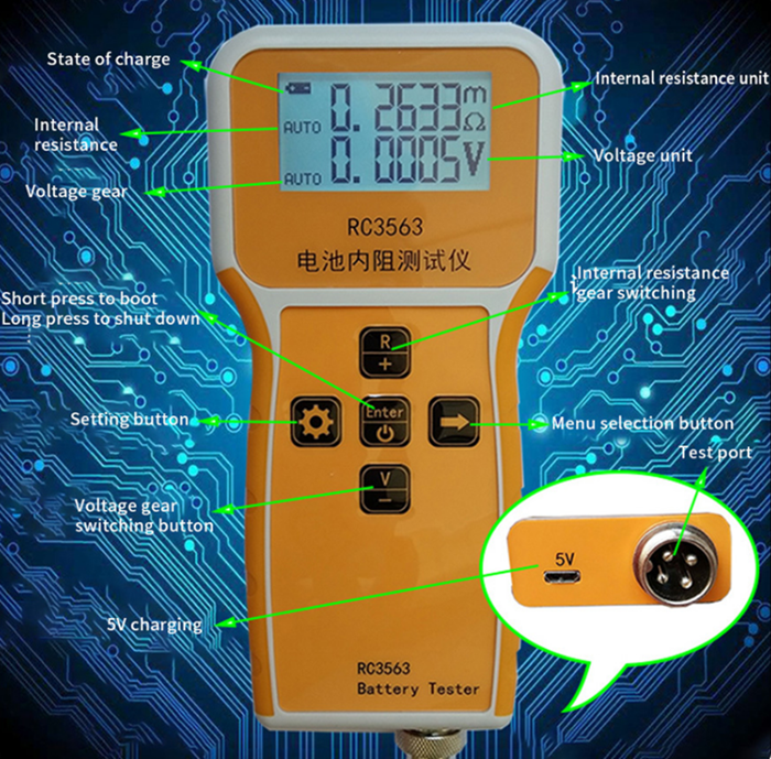 RC3563 Battery Internal Resistance Tester - its orange handheld body, LCD screen displaying 0.2633mΩ and 0.0005V, buttons, and a bottom port view.