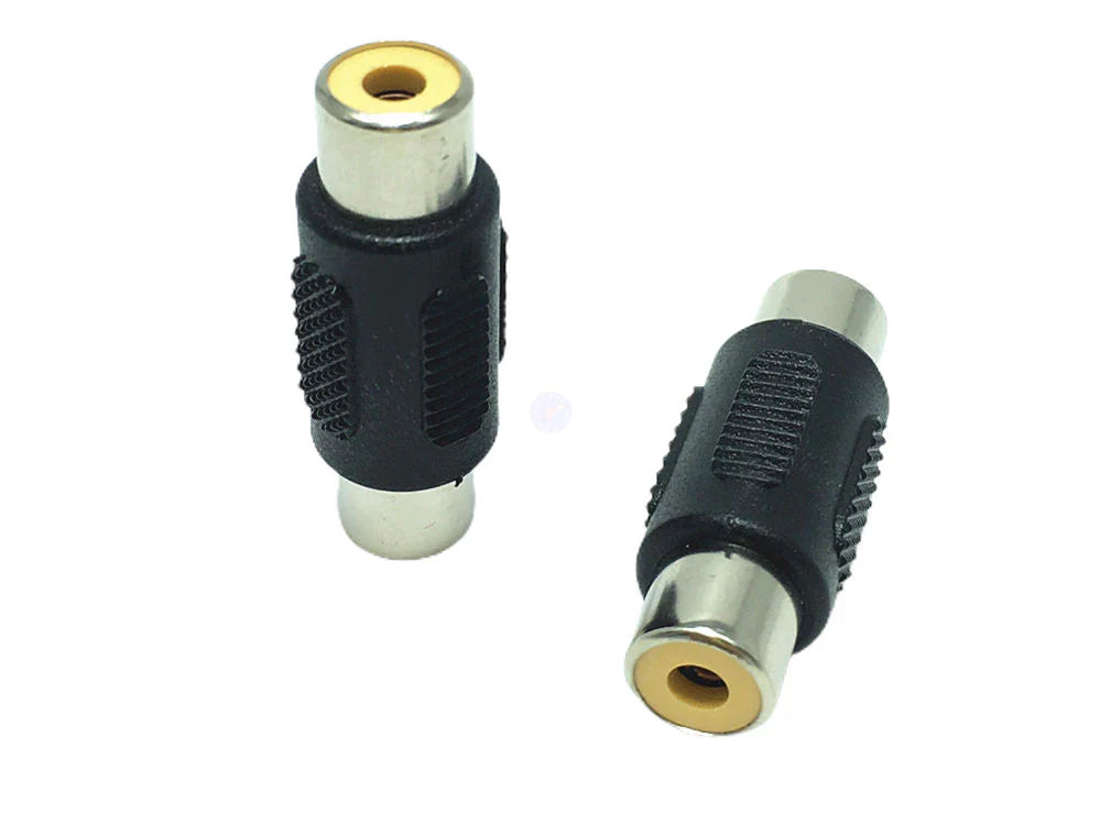 RCA Joiner Coupler Single Female to Female AV Audio Video Cable Cord Socket - two black cylindrical connectors with metallic female RCA ports.